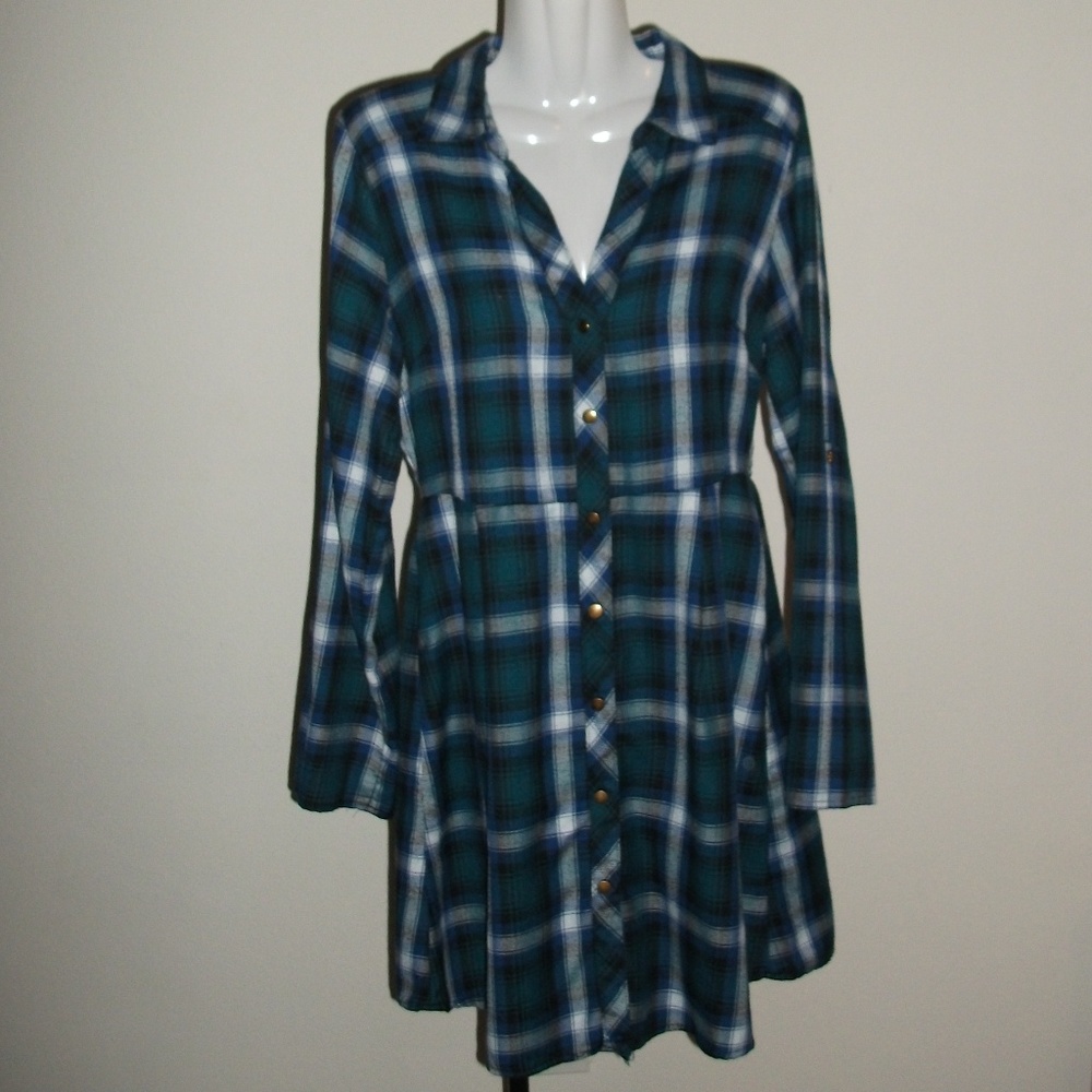 Plaid Blue Button Up Dress Size: L